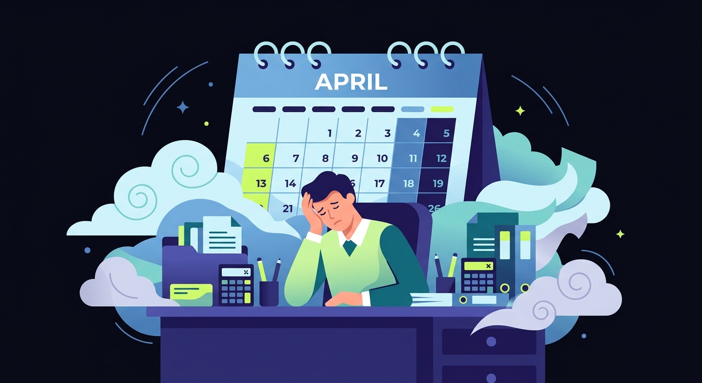 A tired accountant at a desk with a huge calendar showing APRIL, surrounded by paper clouds