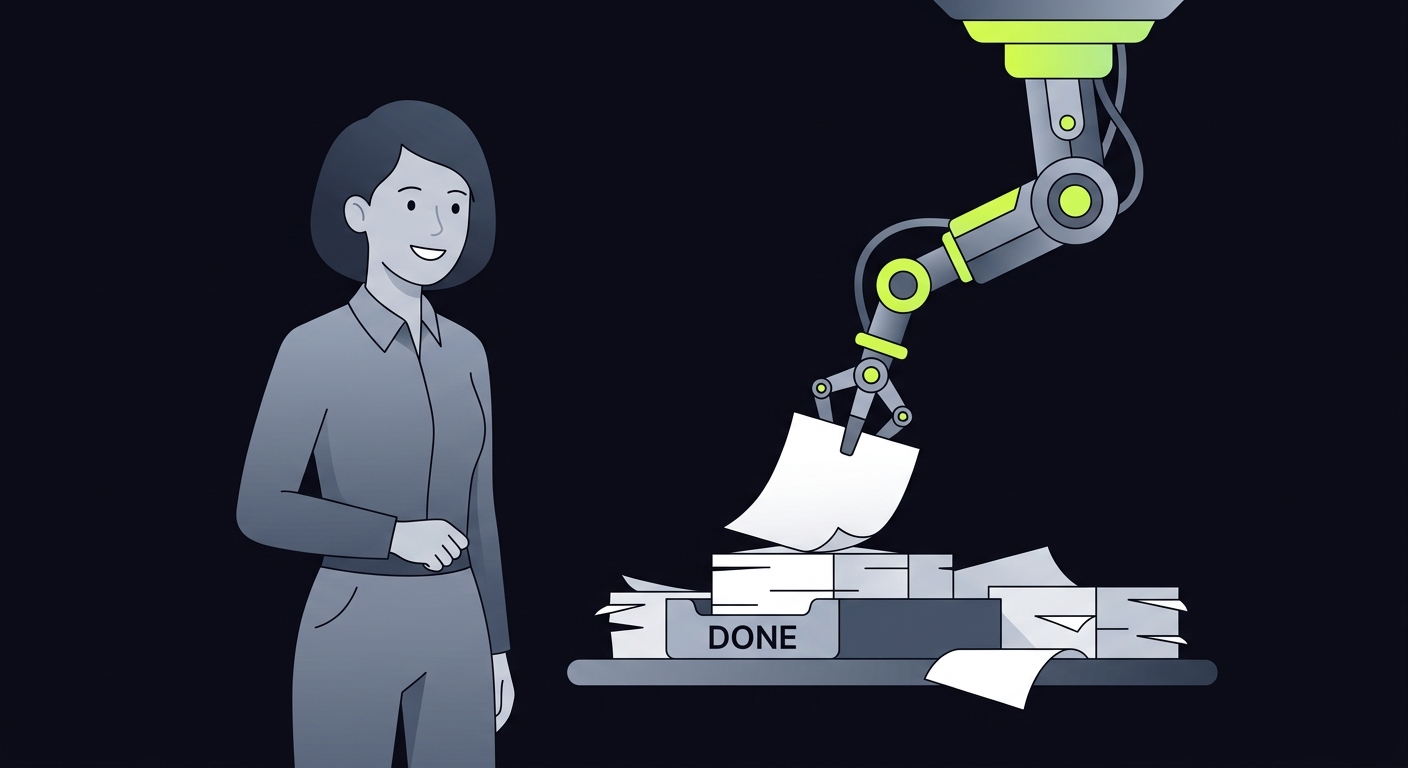An accountant smiling while a robot arm sorts documents into a 