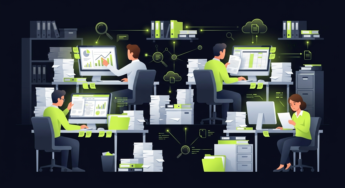 A small accounting agency office with 4 accountants at desks, surrounded by stacks of paper documents and sticky notes, realistic photo style