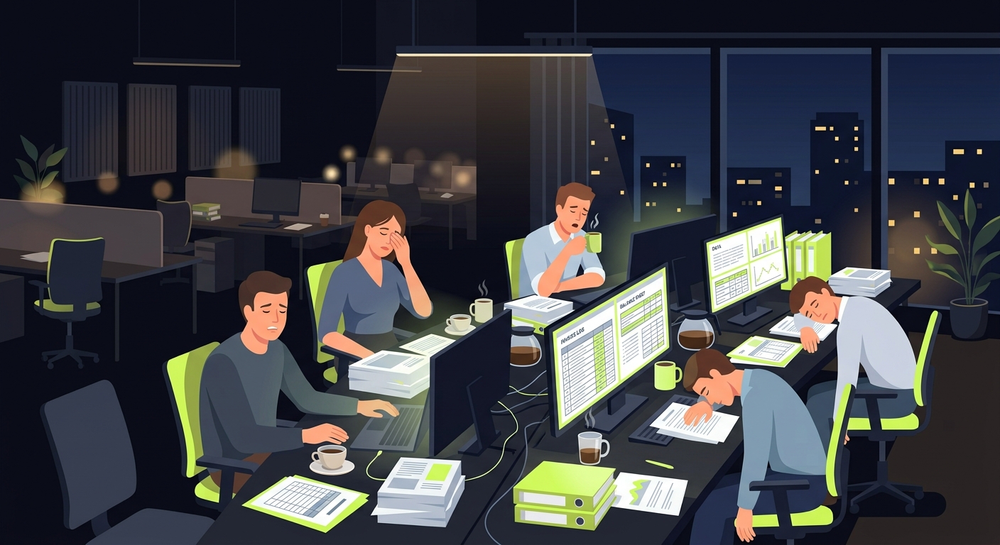 Tired accountant team working late at night in an open-space office, multiple monitors with spreadsheets, coffee cups everywhere, dim lighting