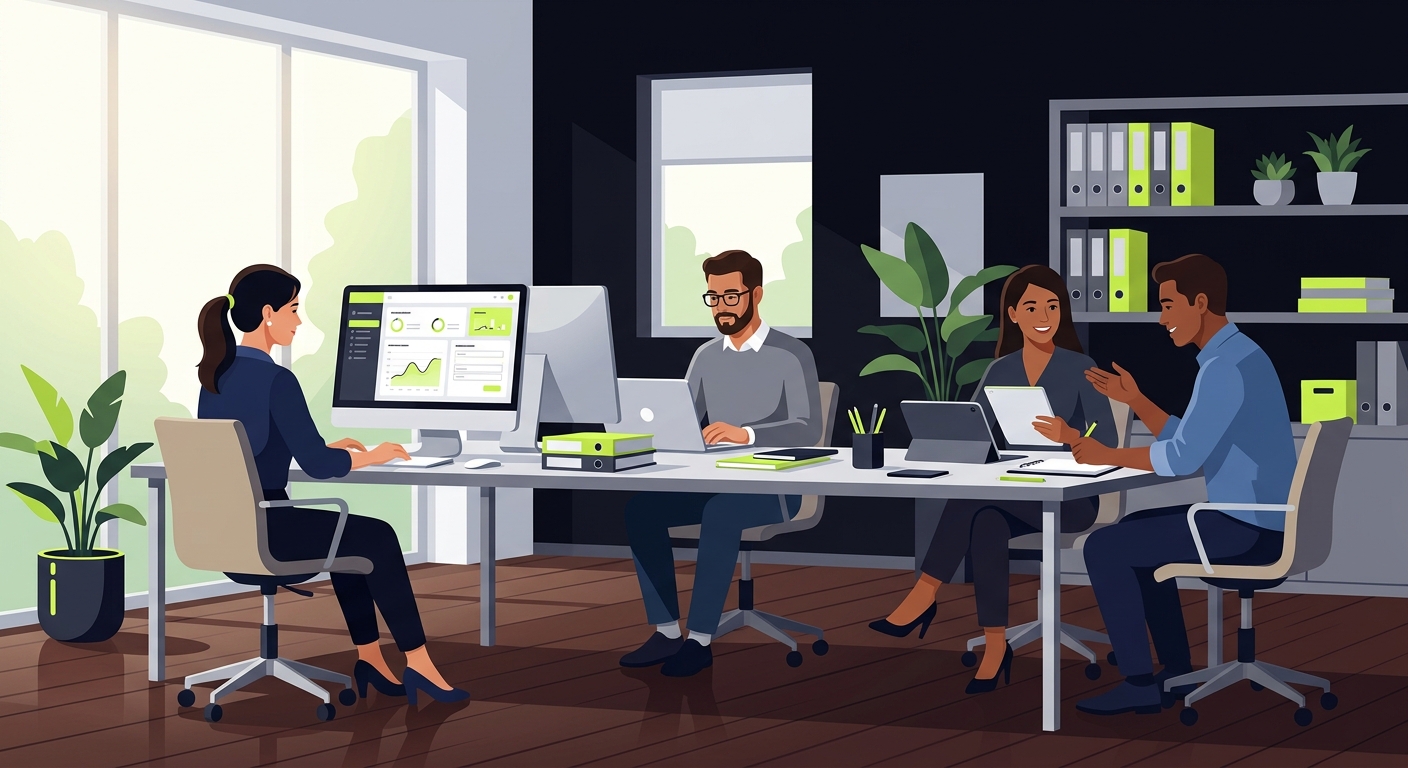 Calm accountant team working during daytime, organized workspace, one person checking a clean dashboard on screen, relaxed atmosphere, natural light