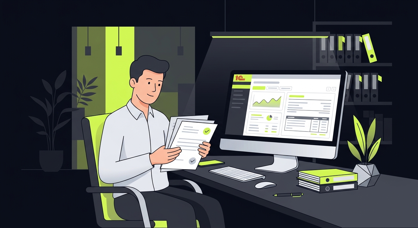 Accountant reviewing reconciliation act documents with 1C software open on screen, office setting, professional photo