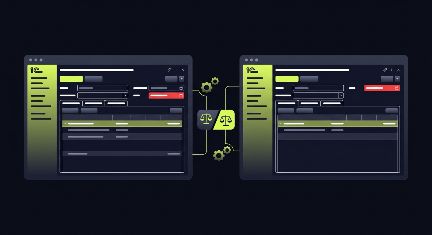 Split screen showing two 1C databases with different transaction dates highlighted in red, reconciliation discrepancy visualization