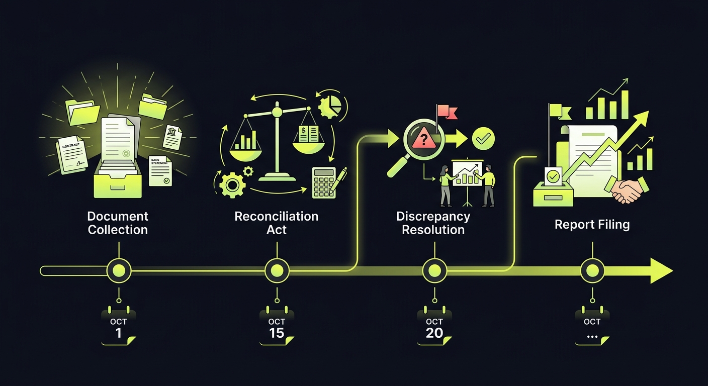 Timeline graphic showing quarter-end reconciliation workflow: document collection → reconciliation act → discrepancy resolution → report filing, with dates marked