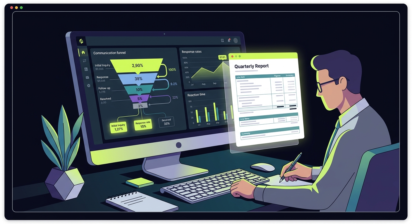 A bухгалтер at a desk reviewing a dashboard with communication funnel metrics, charts showing response rates and reaction times, quarterly report template visible on screen