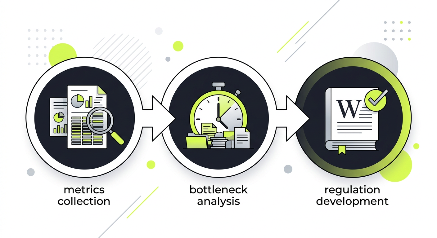 A flowchart showing internal audit process stages for an accounting agency - metrics collection, bottleneck analysis, regulation development, with icons and arrows on a clean white background