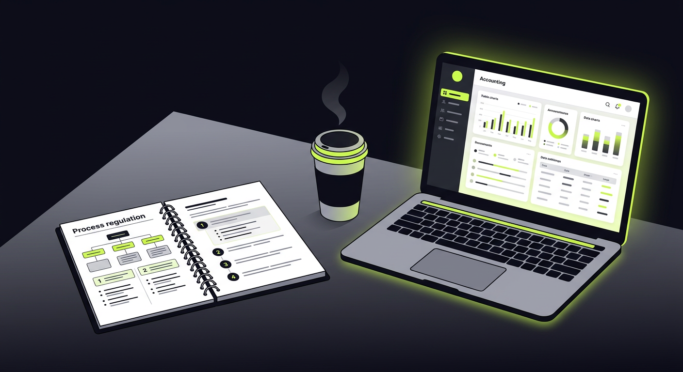 A clean desk with a notebook showing a structured process regulation document, a coffee cup, and a laptop with accounting software - representing the transition from chaos to system