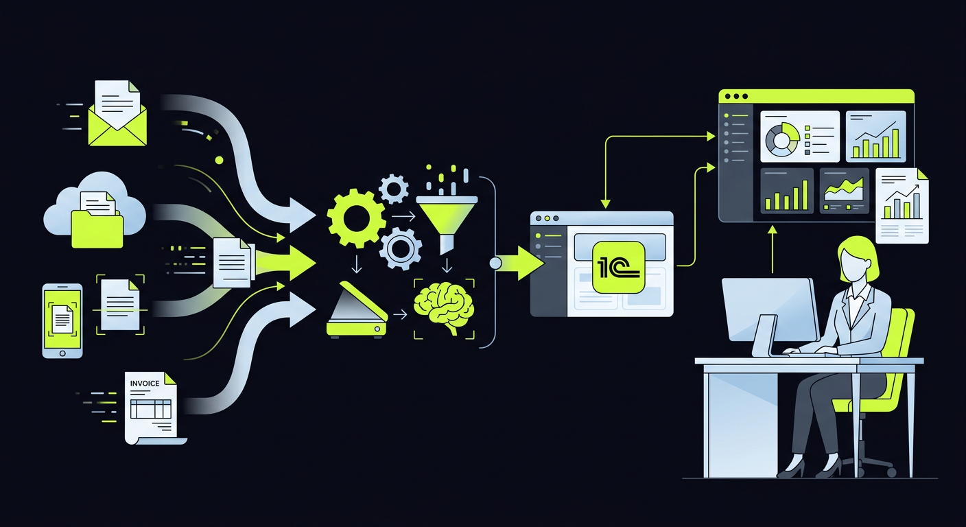 Workflow diagram showing automated document collection integrated with 1C, with bookkeeper handling only analytical tasks