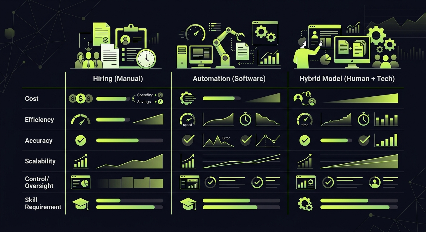 Clean comparison table infographic - hiring vs automation vs hybrid model with key metrics