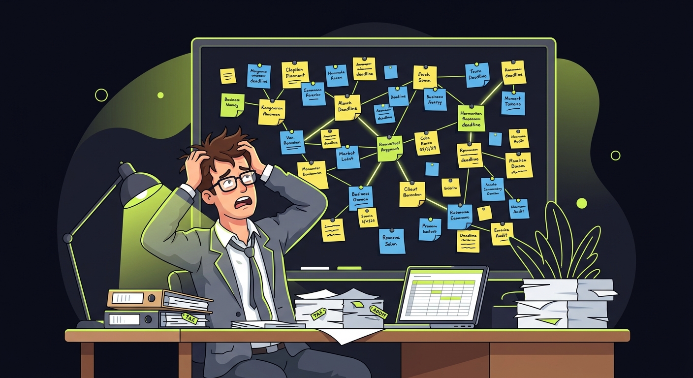 A frustrated accountant looking at a star chart made of sticky notes with client names and deadlines