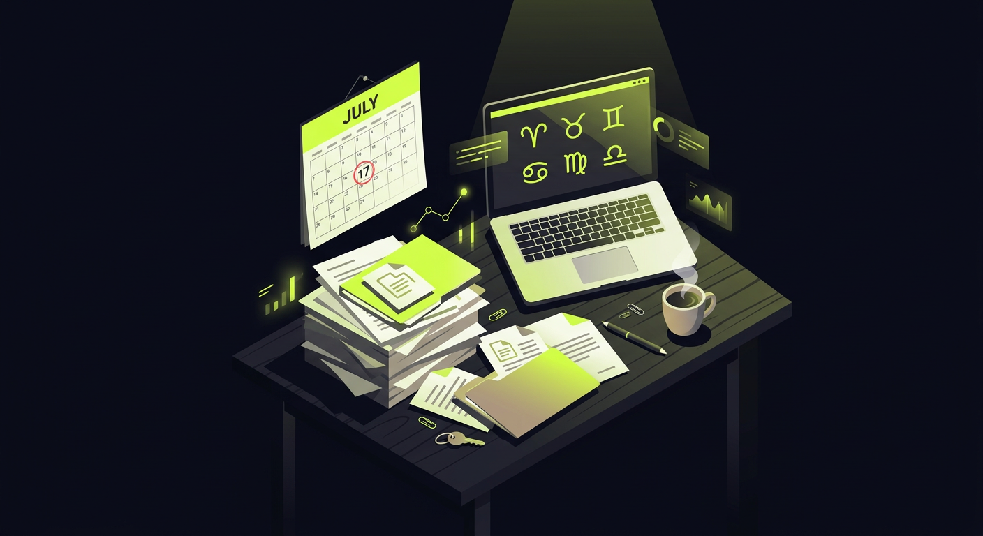 A chaotic desk with a laptop showing zodiac signs, piles of paper, a calendar with July circled in red, and a cup of coffee
