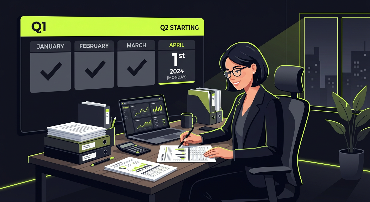 Calendar showing Q1 closed, Q2 starting - bухгалтер at desk reviewing client reports with financial data visible