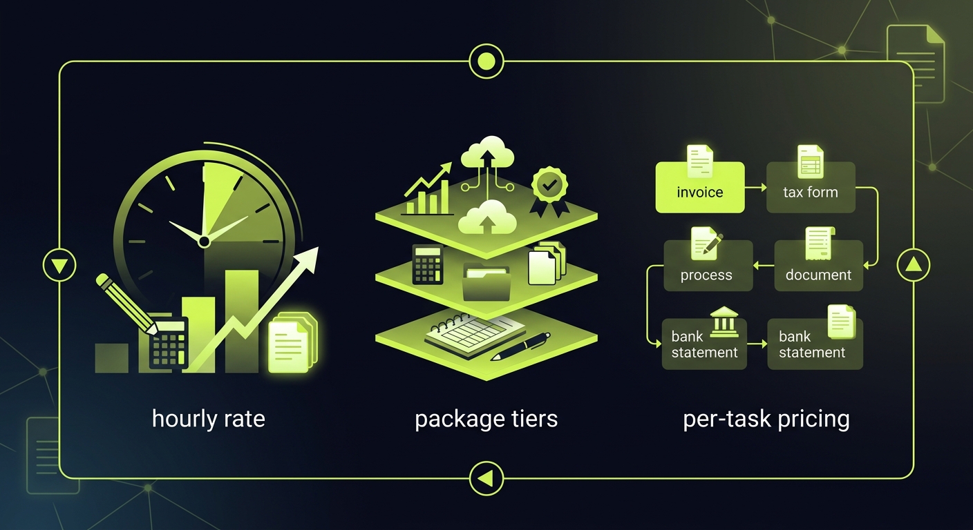 Three pricing model diagrams - hourly rate, package tiers, per-task pricing - shown as clean infographic for accounting agency