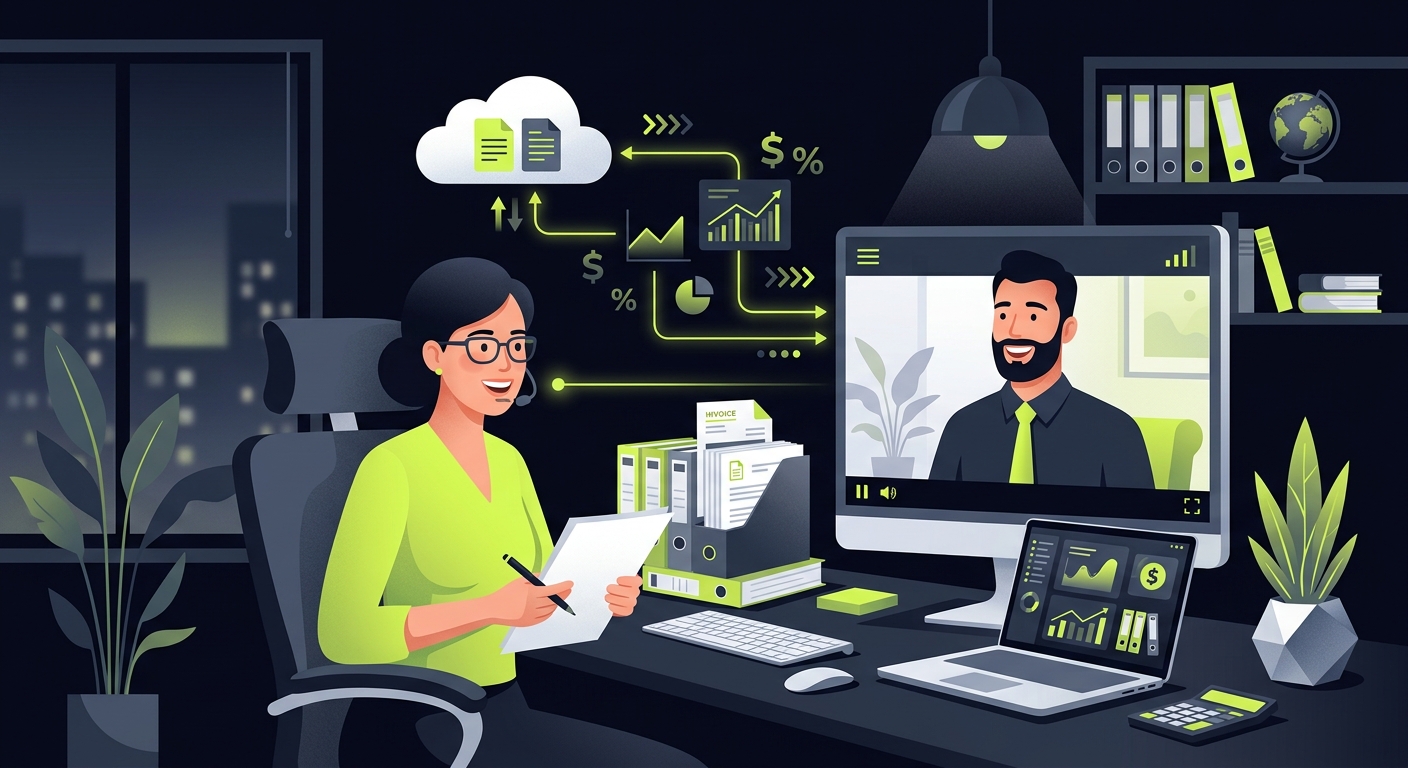 Professional phone/video call scene between accountant and client, friendly business conversation, modern office setting