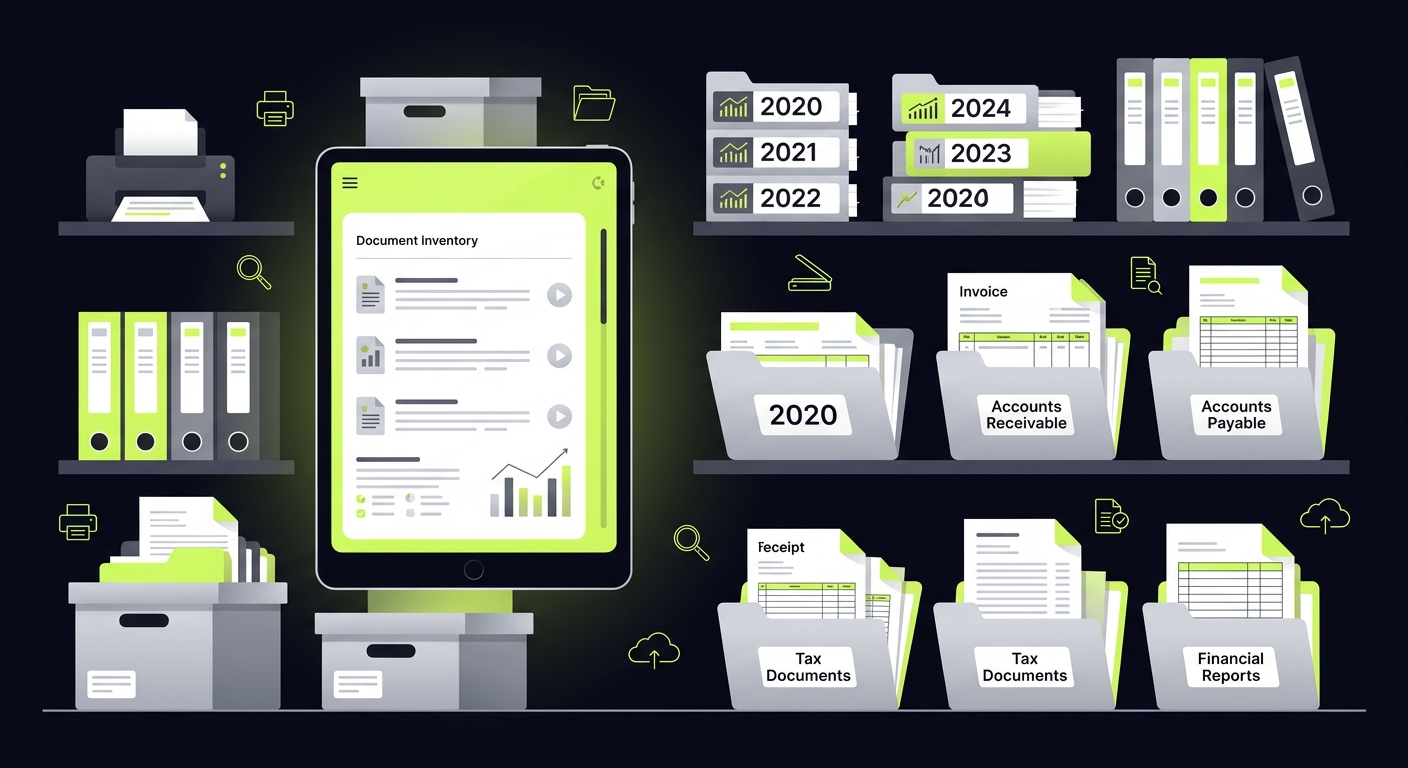 Organized accounting archive with labeled folders by year, primary documents, and a digital tablet showing document inventory list