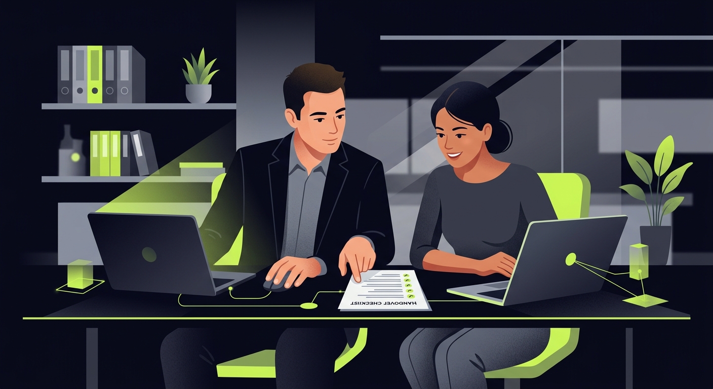 Two accountants sitting at a desk with laptops, reviewing a handover checklist together, one pointing at a document, professional office setting