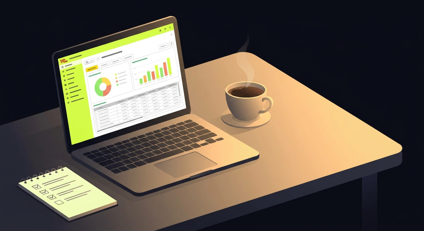 A clean desk with a laptop showing a 1C interface, a cup of coffee, and a notepad with a checklist - morning briefing vibe, warm light