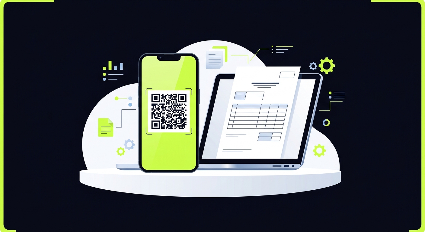 Smartphone with DataMatrix code on screen, next to a UPD document on a laptop - clean, professional, white background