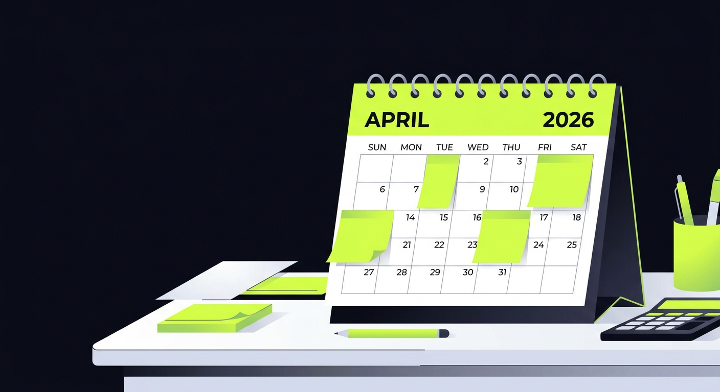 April 2026 tax calendar for accountants - key deadlines highlighted on a clean desk calendar with sticky notes