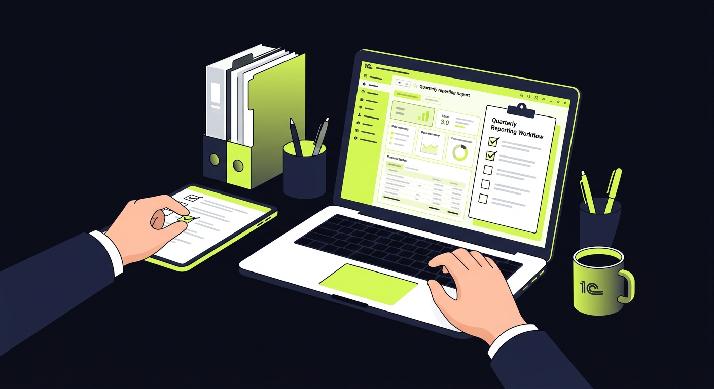 Accountant checking checklist on laptop with 1C interface open - quarterly reporting workflow