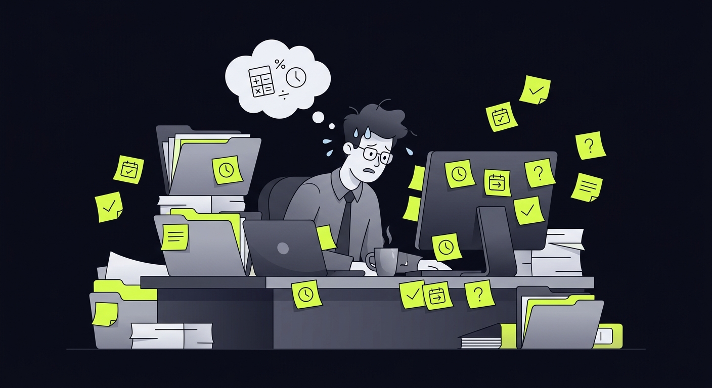Stressed accountant surrounded by document folders and sticky notes with deadlines - humorous illustration of April reporting season