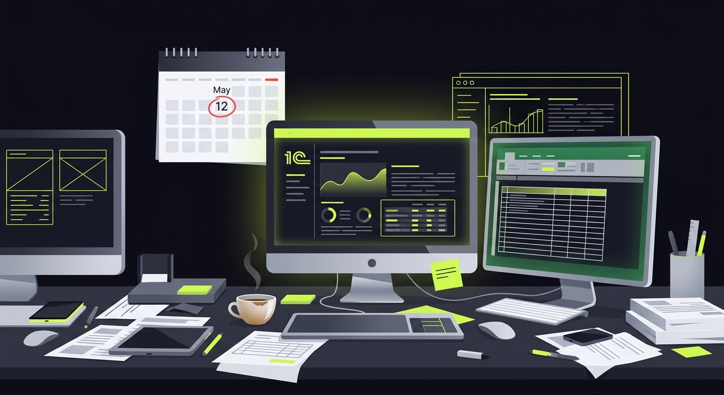 A messy desk with multiple monitors showing 1C and Excel, a calendar with May 12 circled in red, and a half-empty coffee cup