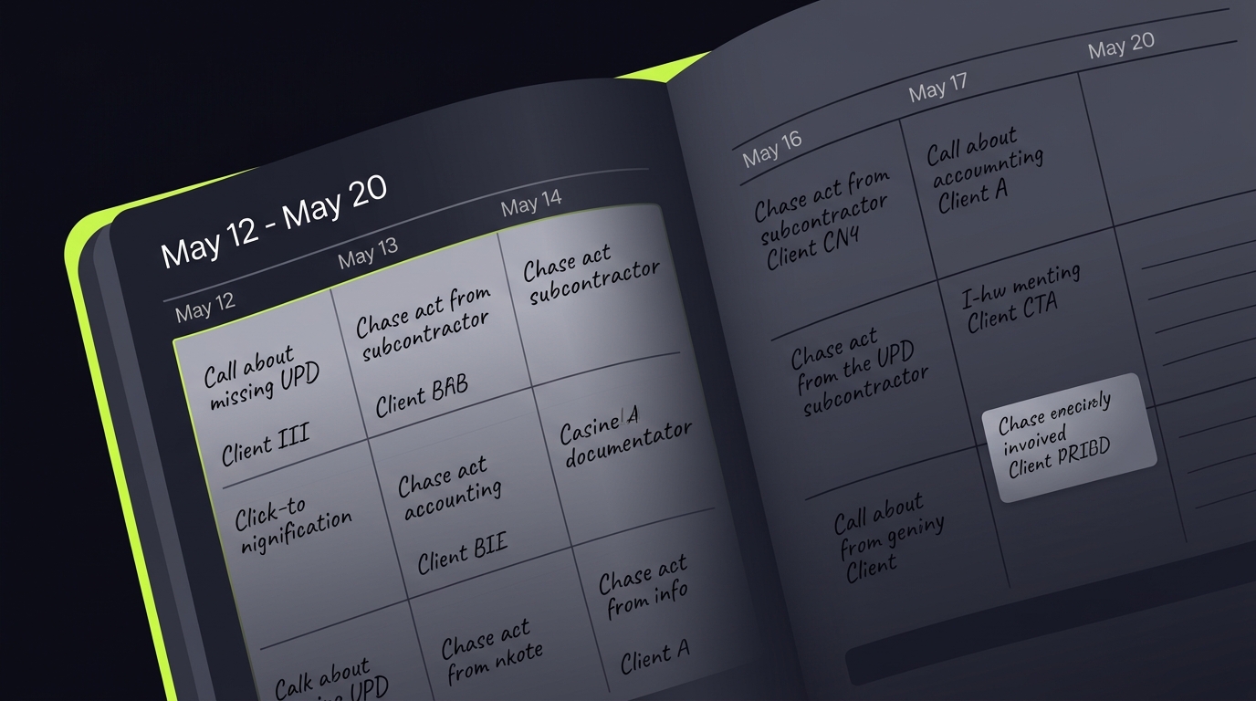 A close-up of a planner with the week of May 12-20 highlighted. The days are filled with client names and notes like 