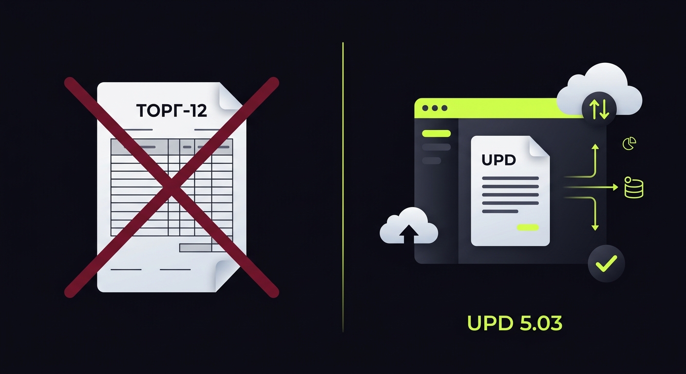 Split screen showing old paper TORG-12 document crossed out on the left and modern UPD 5.03 electronic document on the right, clean infographic style