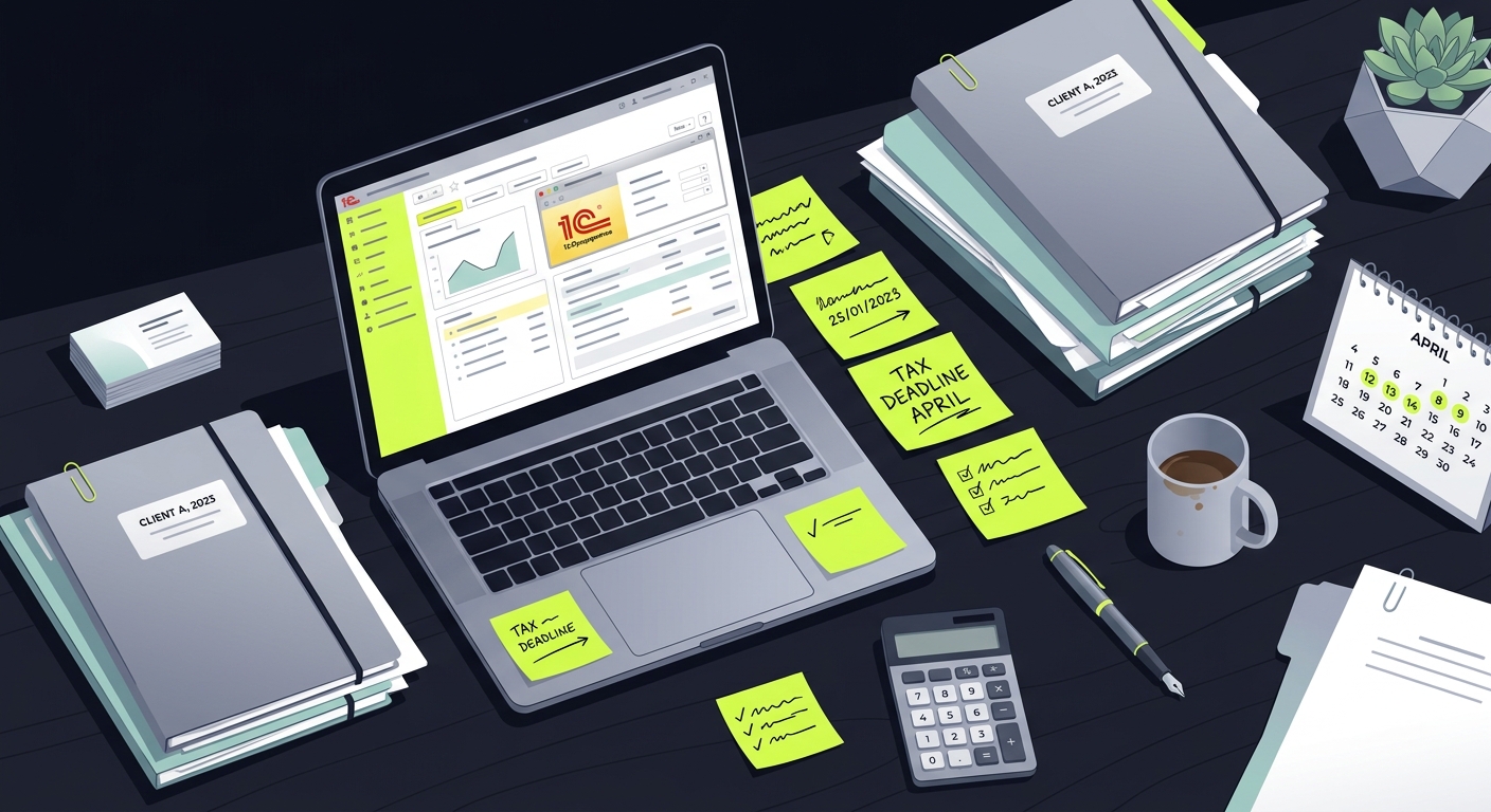 Birdseye view of accountant's desk with multiple client folders, laptop showing 1C interface, sticky notes with deadlines - April busy season atmosphere