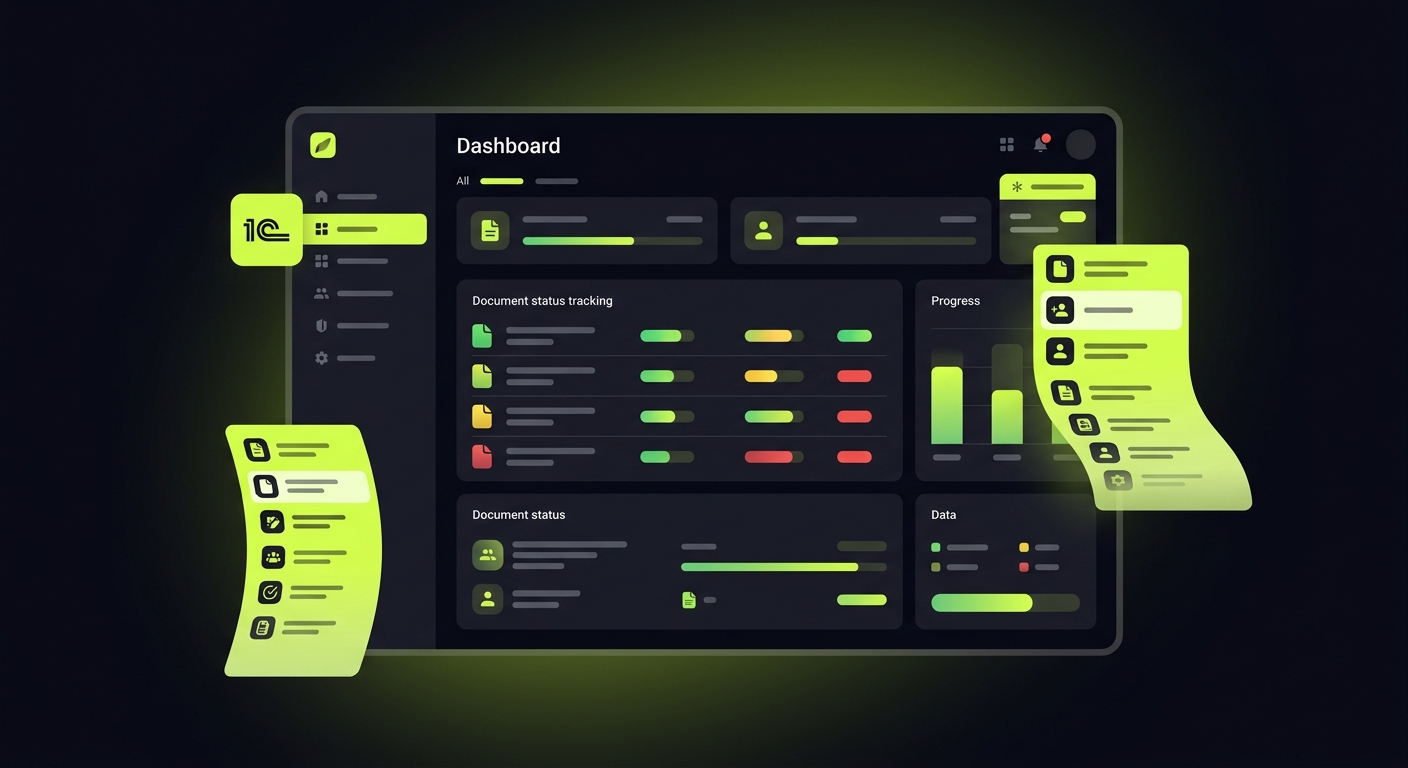 Clean dashboard interface showing document status tracking with green/yellow/red indicators per client, automated request queue, integration with 1C - modern SaaS accounting tool