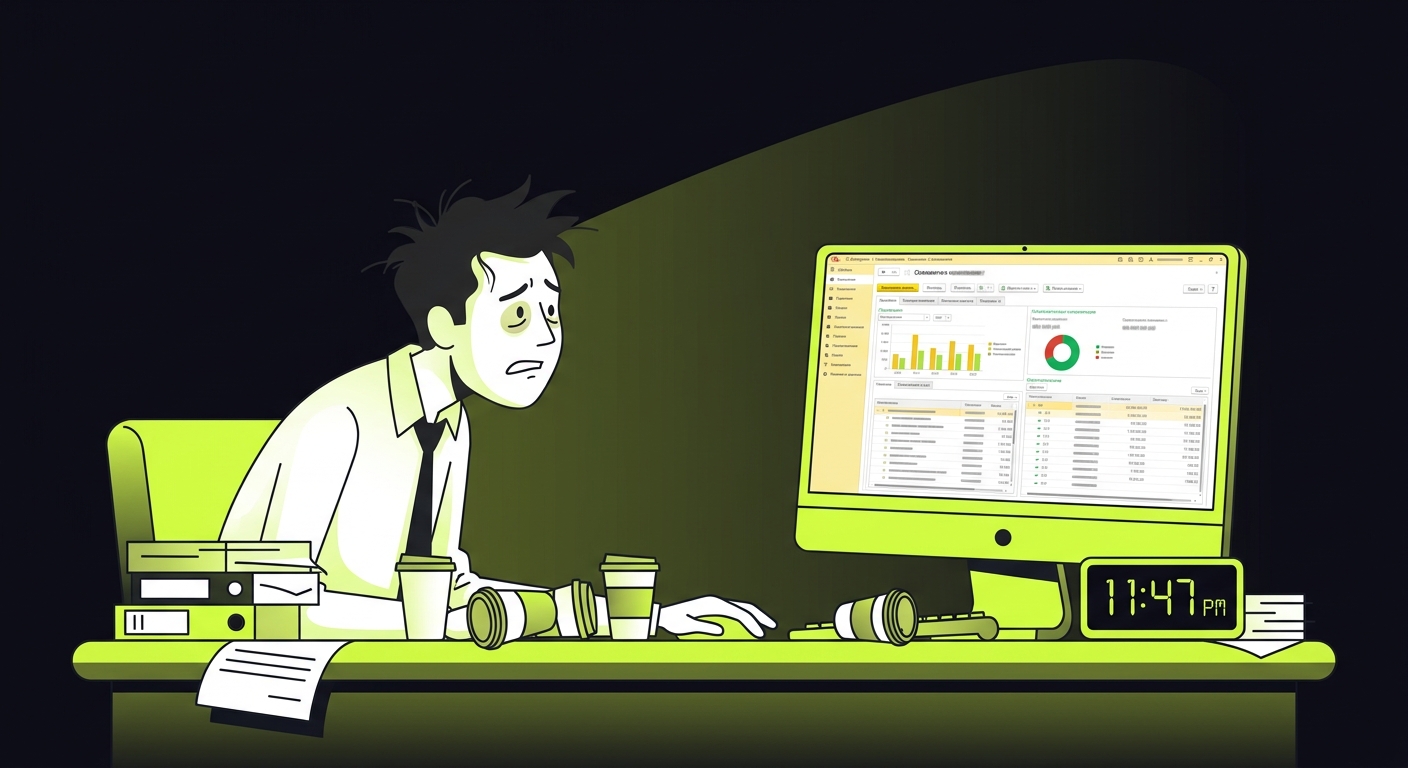 A frantic looking accountant with multiple coffee cups at 11:47 PM, staring at a 1C Enterprise screen