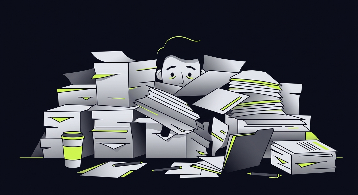 A messy desk with a huge pile of unsorted papers, a cup of coffee, and a stressed face peeking from behind