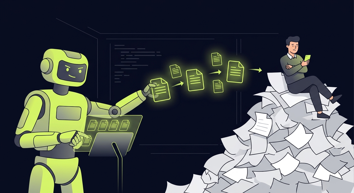 A cartoon showing a robot (automation) sending document requests to a human (client) who is ignoring them while sitting on a pile of papers
