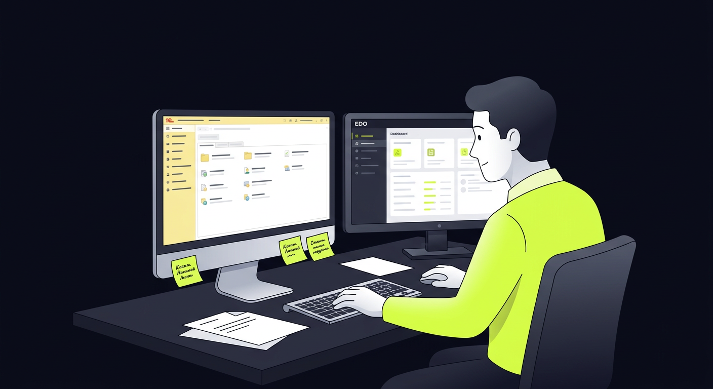 A bухгалтер at a desk with two monitors - one showing 1C interface, another showing an EDO operator dashboard, sticky notes on the monitor frame with client names