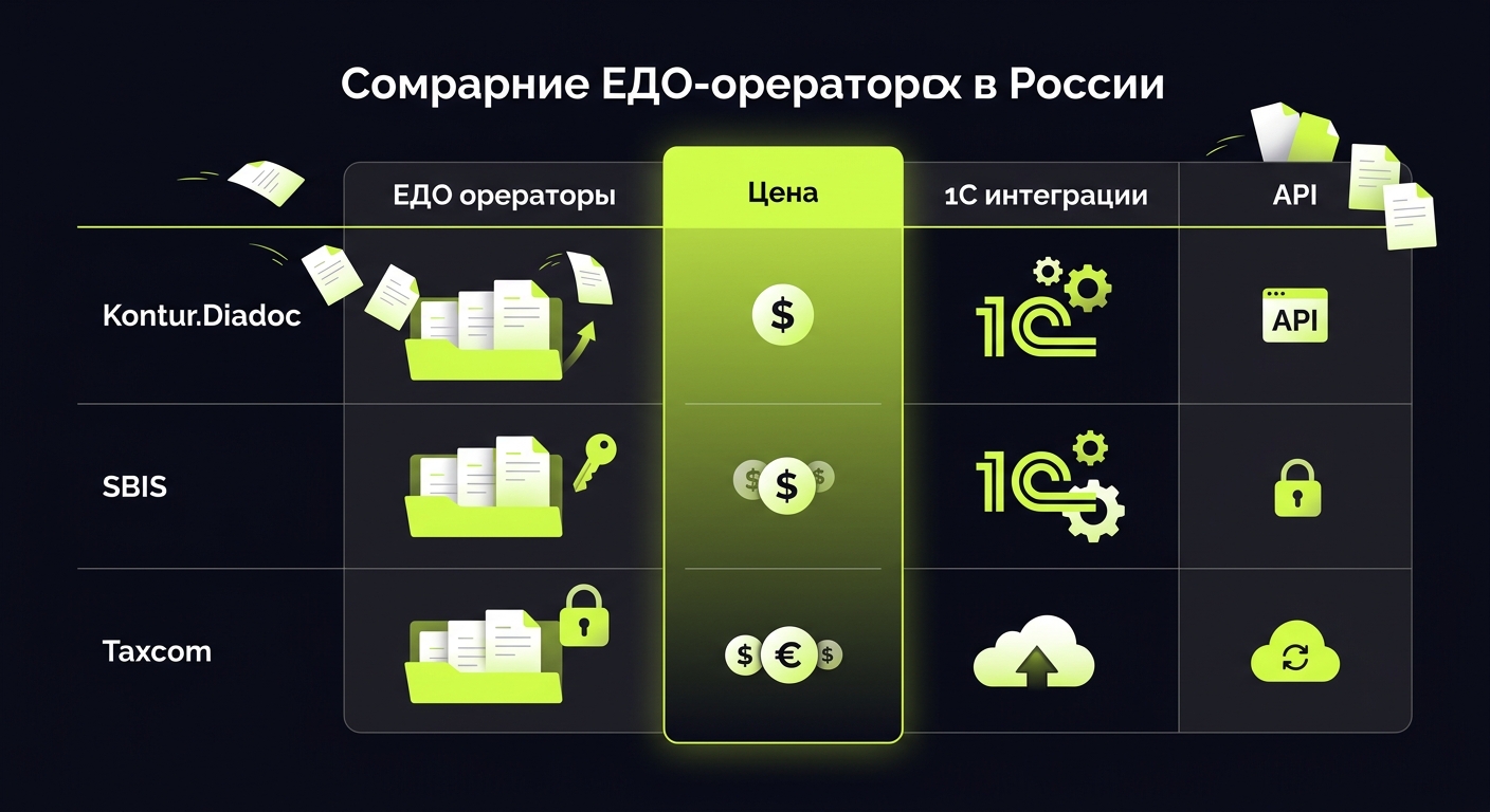Comparison table of major EDO operators in Russia - Kontur.Diadoc, SBIS, Taxcom - with columns for price, 1C integration, API availability