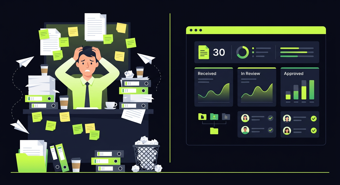 Split-screen illustration: left side shows a stressed accountant surrounded by paper documents and sticky notes, right side shows a clean digital dashboard with document status indicators