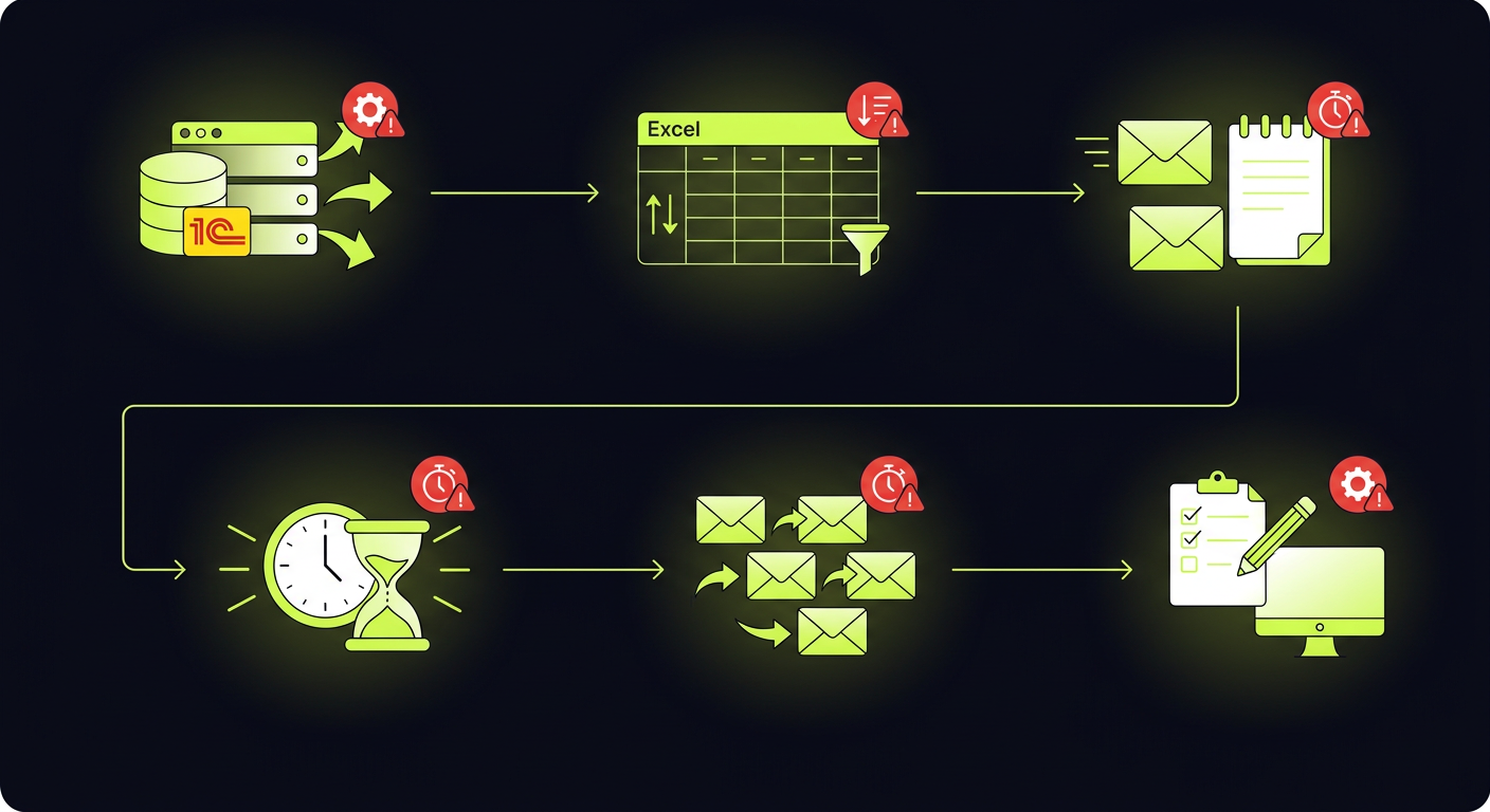Flowchart showing the manual document request process: 1С export → Excel sorting → email drafting → waiting → follow-up → manual status update, with red warning icons at each bottleneck step