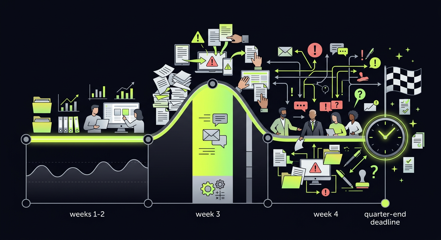Timeline graphic showing a quarter-end closing process: weeks 1-2 normal workload, week 3 spike in document requests, week 4 chaos of follow-ups and corrections, with annotation showing time spent on manual communication vs actual accounting work