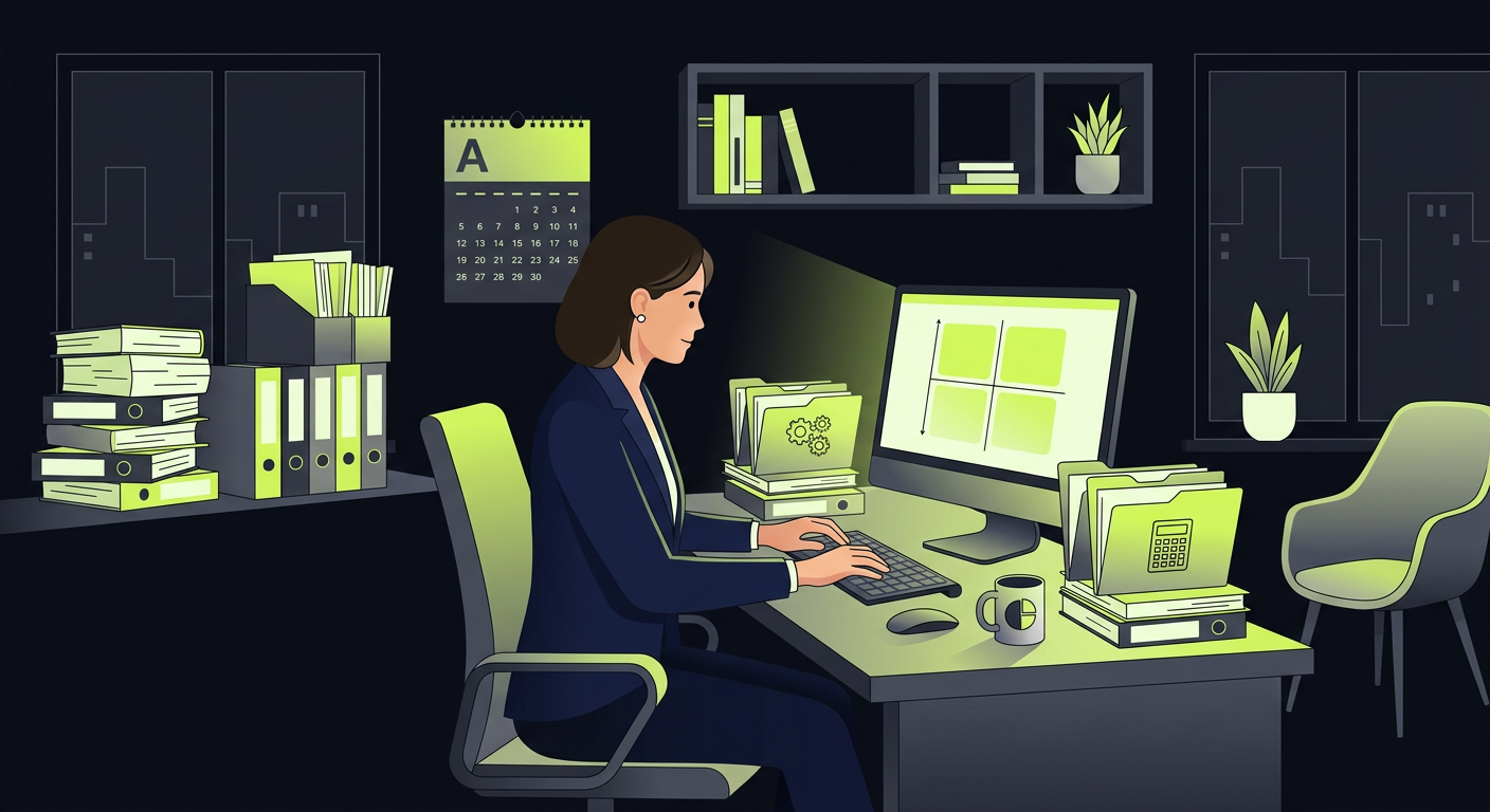 A bухгалтер at a desk surrounded by stacks of folders and documents, looking at a prioritization matrix on screen, April calendar visible in background, realistic office setting