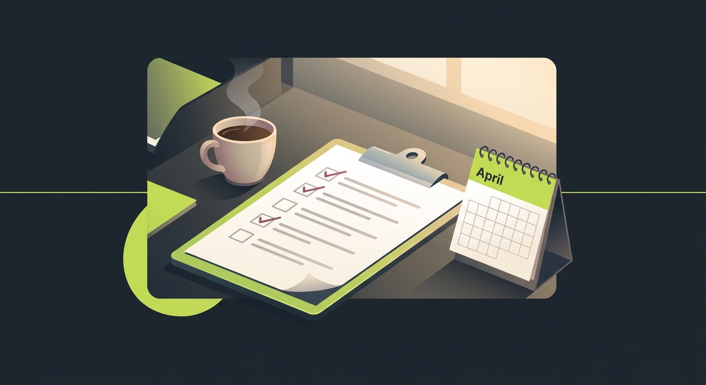 A checklist on paper with checkboxes, some checked in red pen, placed next to a coffee cup and a calendar showing April, warm office lighting