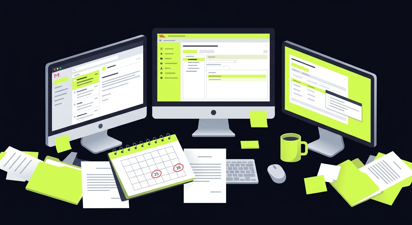 A messy desk with multiple monitors showing 1C and email client, a calendar with dates 25 and 28 circled in red
