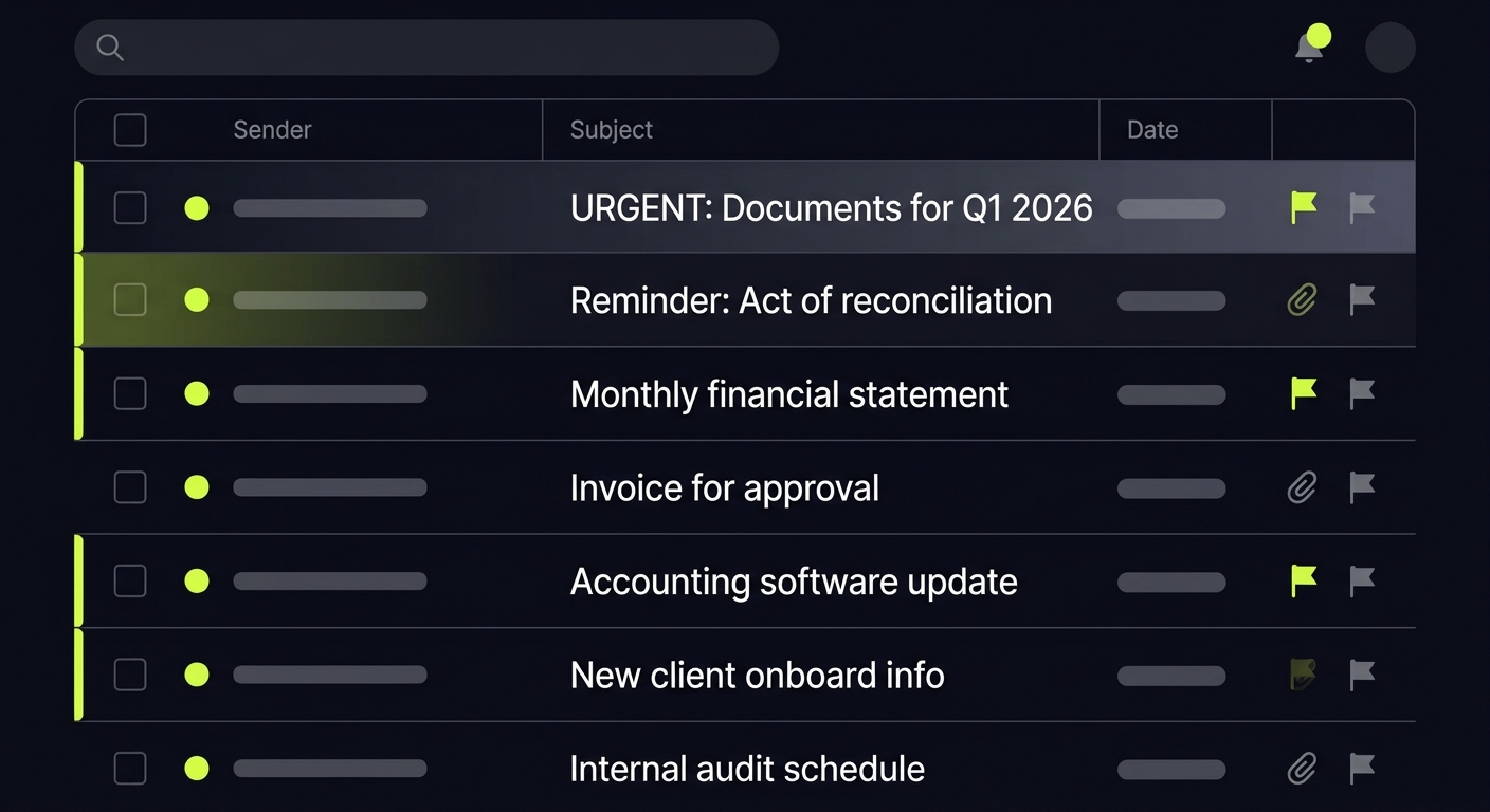 A screenshot of an email inbox with subject lines like 