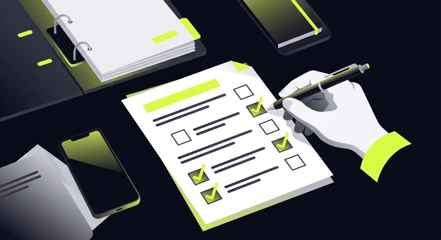 Document checklist for amended VAT declaration, items being checked off with a pen, clean office desk background