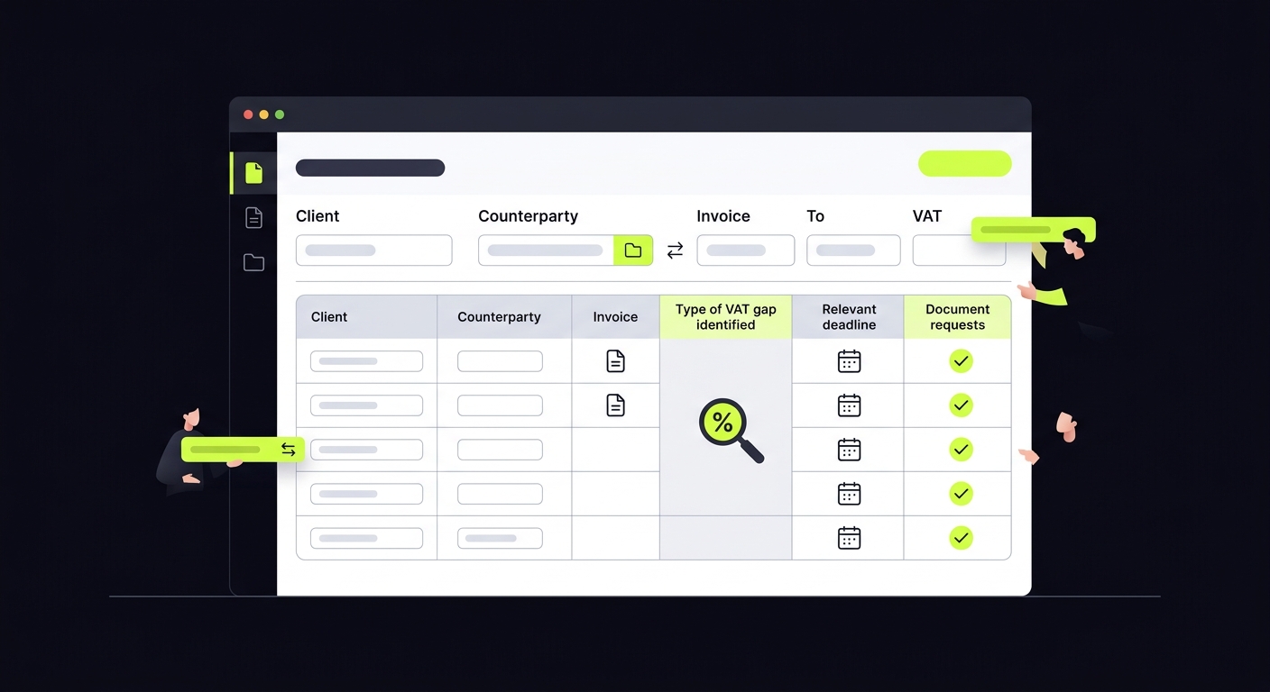 Example task card for tracking a VAT gap - table with fields for client, counterparty, invoice details, gap type, deadlines, and document request status