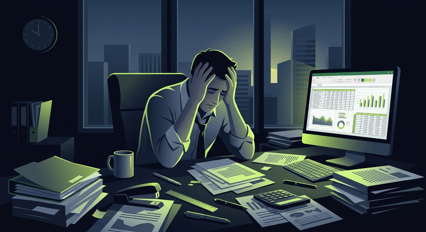 A tired accountant sitting at a messy desk in the morning, head in hands, empty coffee cup nearby
