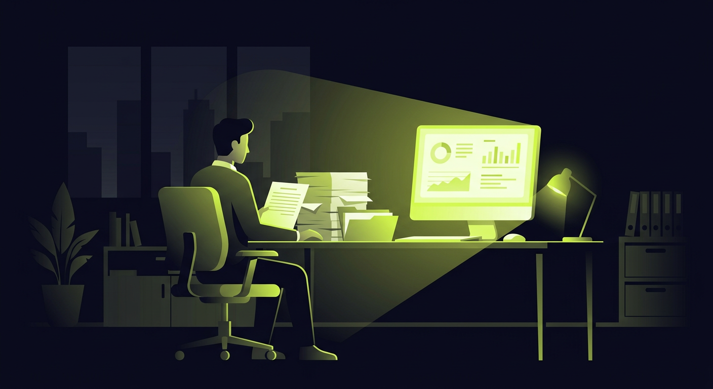 A dark, quiet office at night, only the light from a single computer monitor illuminates a stack of papers