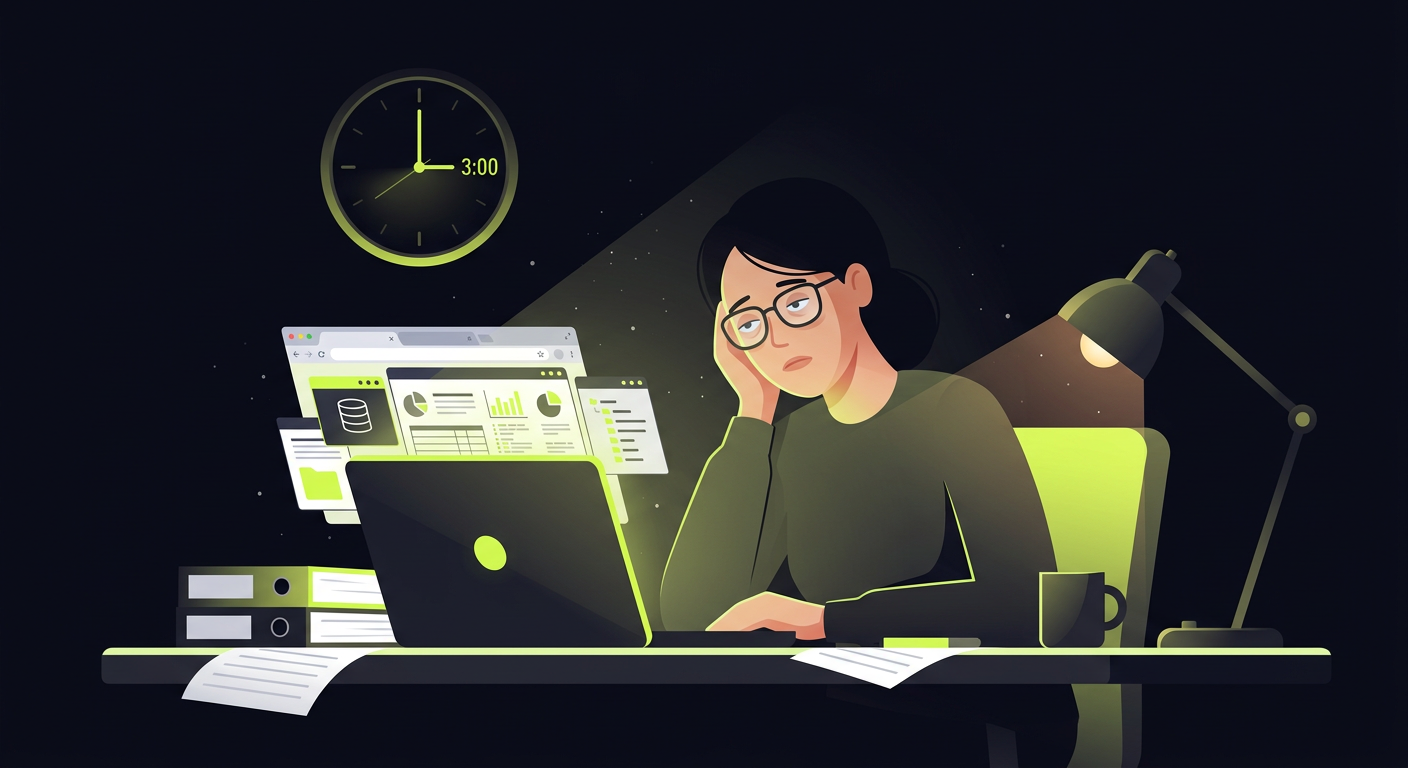 A tired woman in glasses stares blankly at a laptop screen with multiple 1C windows open. The clock on the wall shows 3 AM.