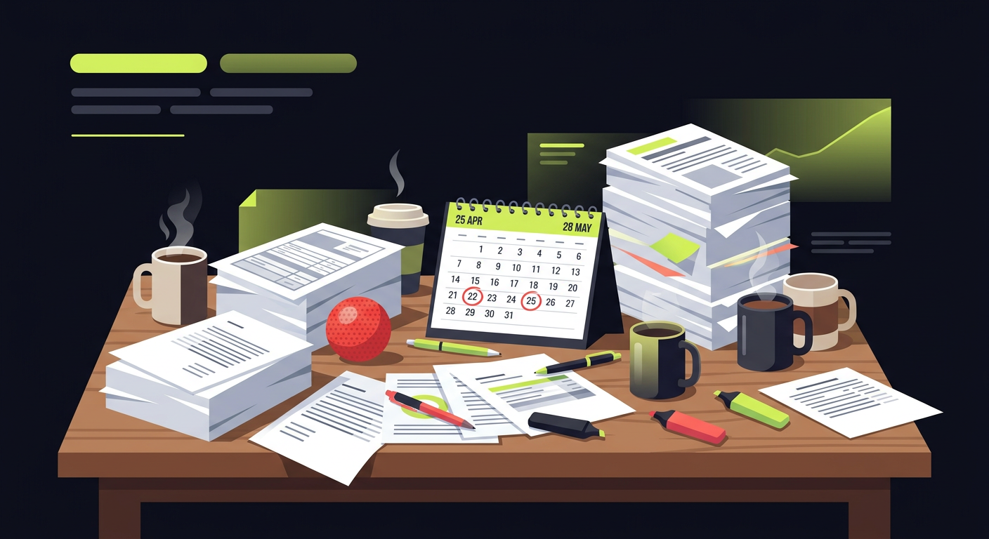 A chaotic desk with coffee mugs, printed reports, a stress ball, and a calendar with dates 25 APR and 28 MAY circled in red.