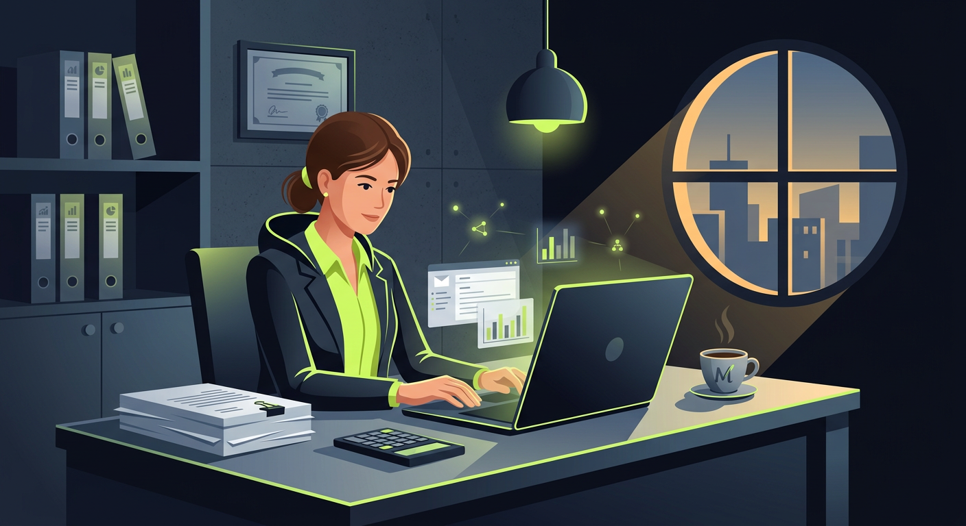 A professional accountant typing an email at a desk with a laptop, documents and a cup of coffee, clean office environment, warm lighting