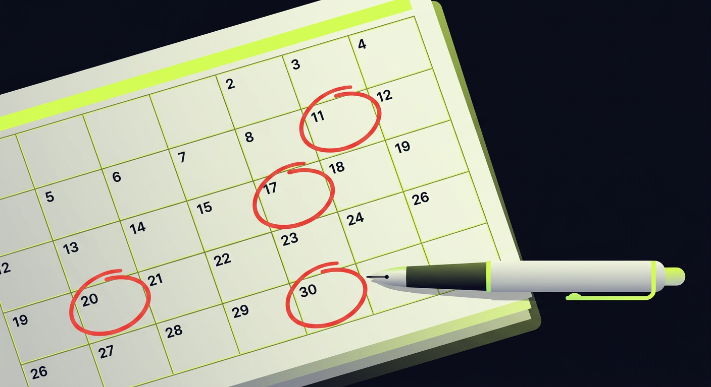 Close-up of a calendar with deadline dates circled in red, pen lying next to it, symbolic of quarterly document deadlines